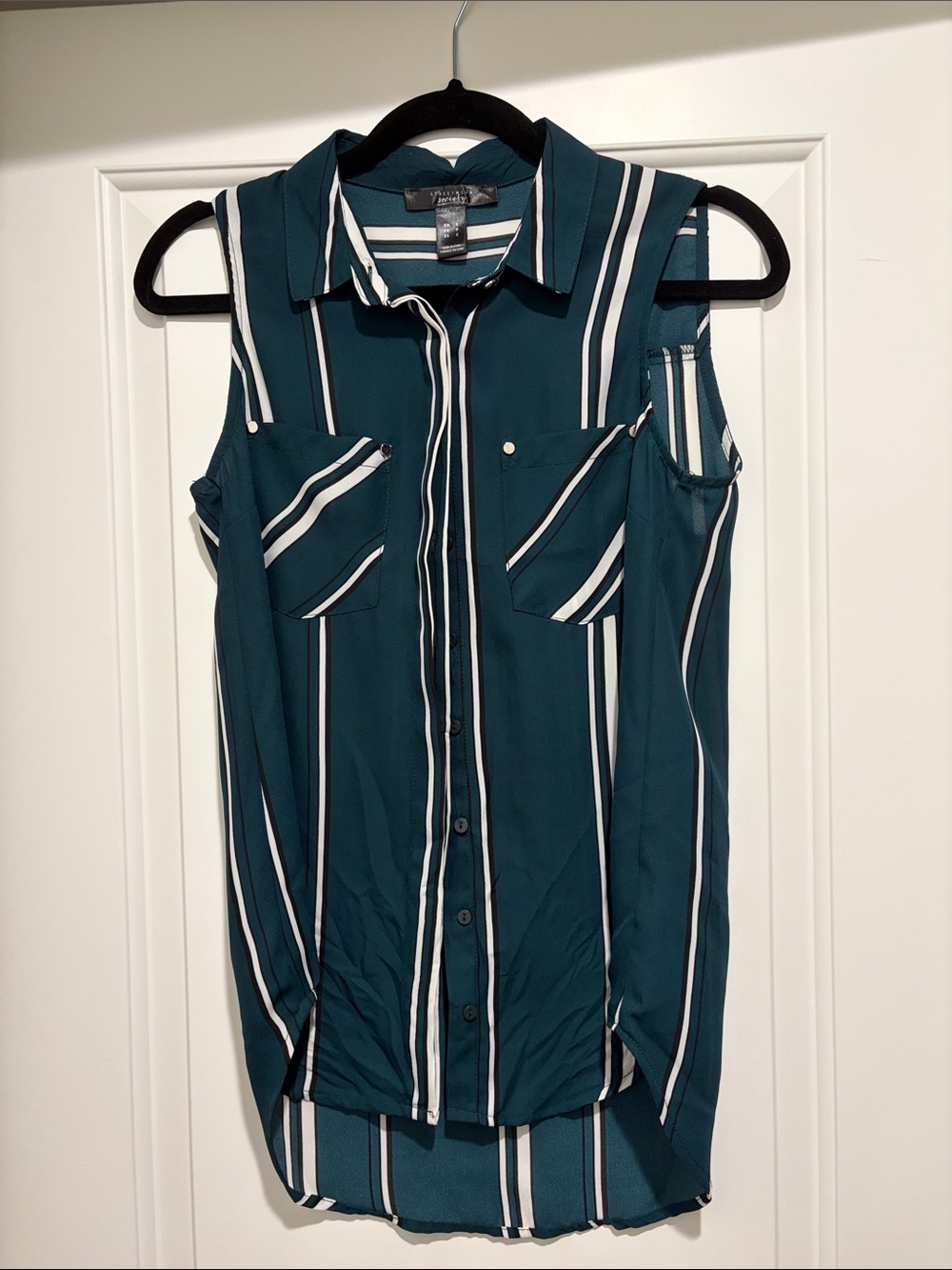 Teal and White Striped Cold-Shoulder Button-Up Top